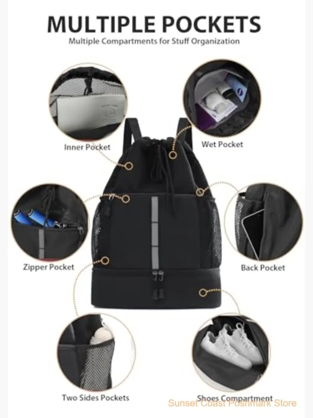 Waterproof Gym Drawstring Backpack with Shoes Compartment Wet Pockets